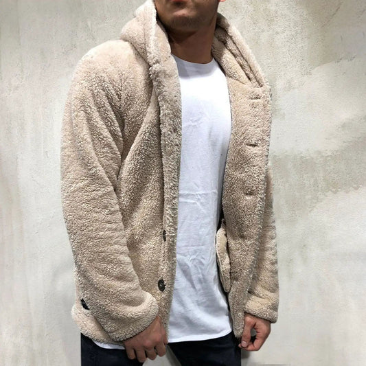 Stevvex beige fluffy hooded winter jacket, thick teddy fur, button closure, casual outdoor coat on Tampa Home & Garden Store