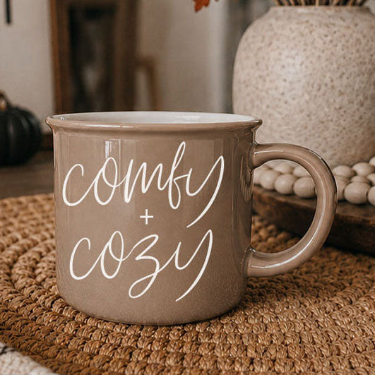 Comfy + Cozy coffee mug by Gia Roma in taupe ceramic with white script on Tampa Home & Garden Store