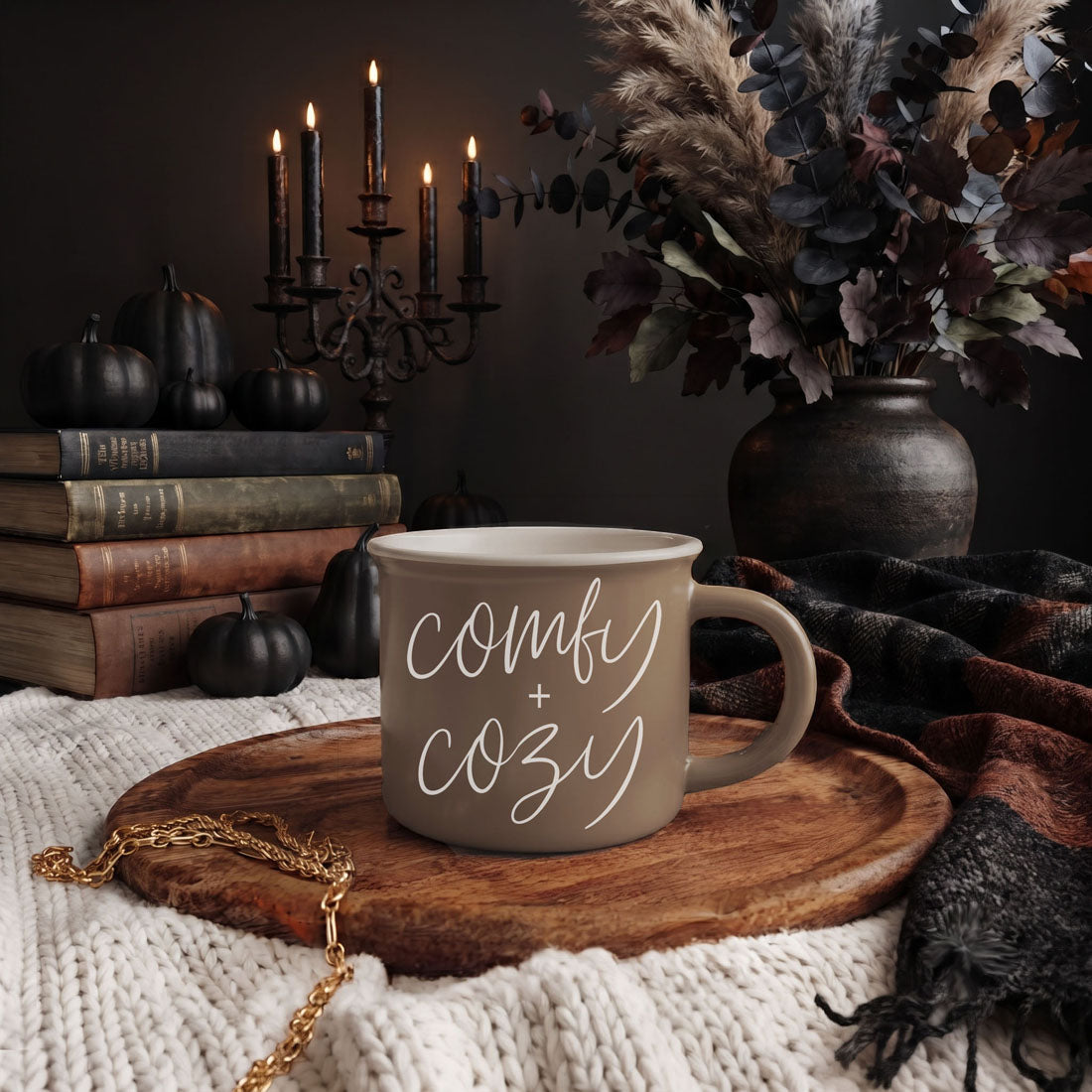 Comfy + Cozy mug in taupe ceramic with white script, set on a wood tray beside autumn decor on Tampa Home & Garden Store