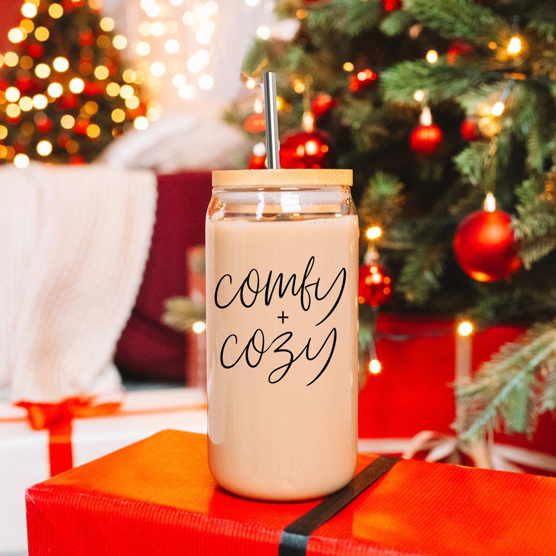Comfy Cozy 17oz travel mug by Gia Roma; cream glass jar with wooden lid and straw backdrop on Tampa Home & Garden Store