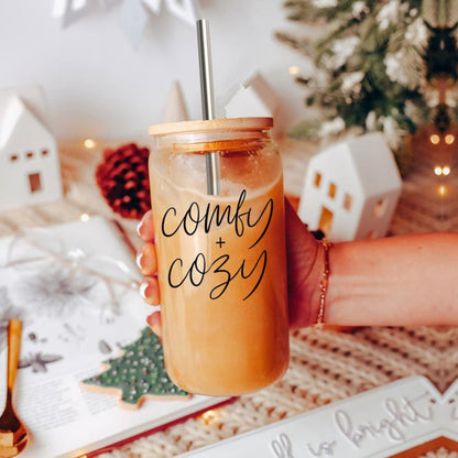 Comfy Cozy 17oz travel mug with wood lid and stainless steel straw, orange iced drink on Tampa Home & Garden Store