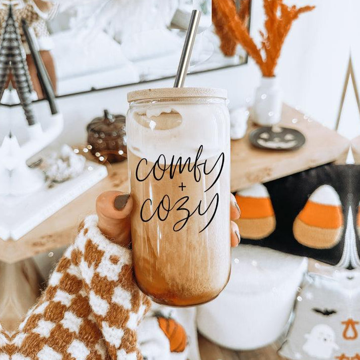 Comfy Cozy 17oz travel mug by Gia Roma with beige gradient glass and metal straw on Tampa Home & Garden Store
