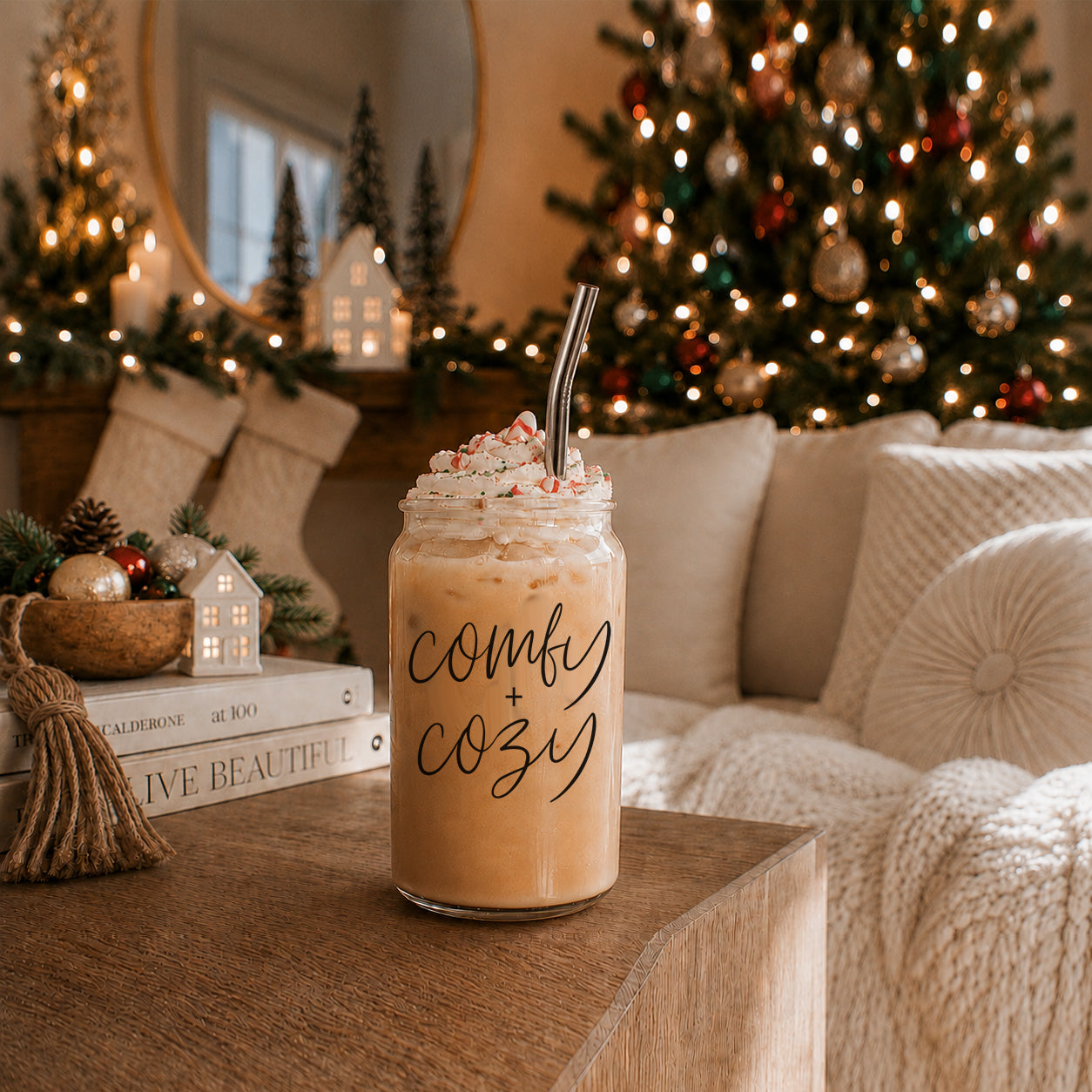 Comfy Cozy 17oz mason-jar travel mug by Gia Roma; iced coffee with whipped cream on Tampa Home & Garden Store