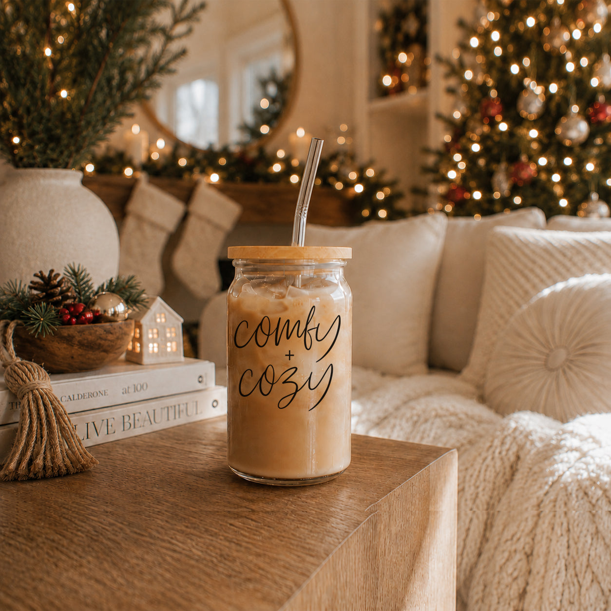 Comfy Cozy 17oz travel mug by Gia Roma, clear glass with wood lid and straw on Tampa Home & Garden Store