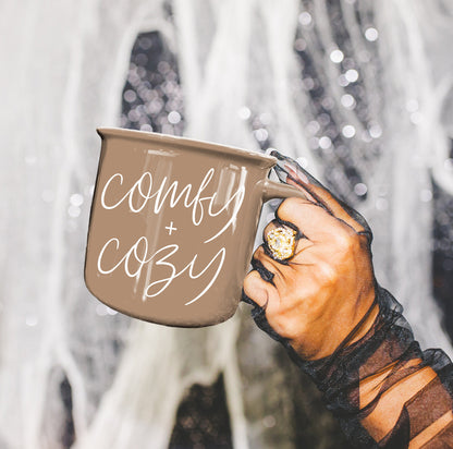 Coffee mug Gia Roma Comfy + Cozy, tan ceramic with white script on Tampa Home & Garden Store