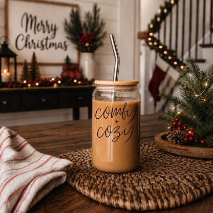 Comfy Cozy 17oz travel mug in a mason jar glass with wooden lid and metal straw Gia Roma on Tampa Home & Garden Store
