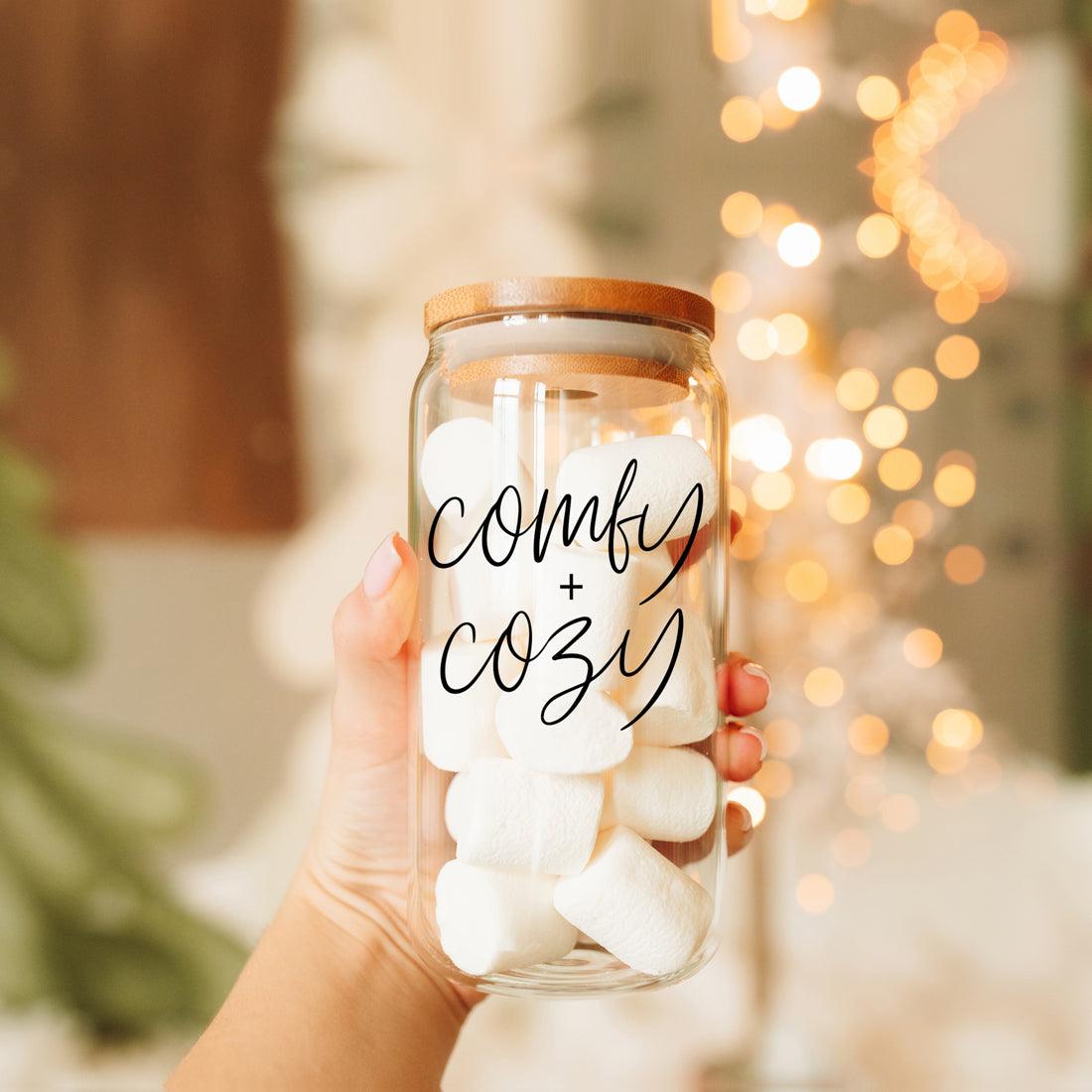 Comfy Cozy 17oz glass jar filled with white marshmallows, wooden lid, bold script lettering on Tampa Home & Garden Store