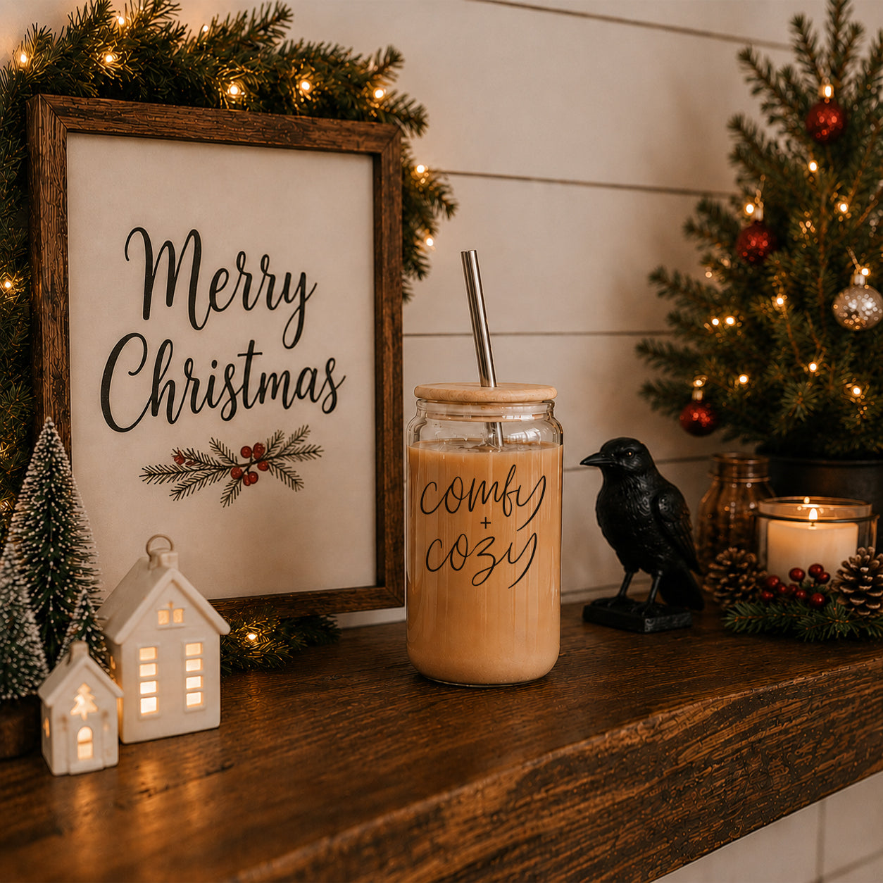 Comfy Cozy 17oz travel mug glass mason jar with bamboo lid and metal straw in latte beige on Tampa Home & Garden Store