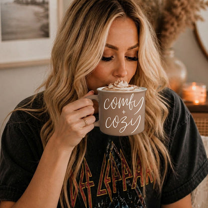 Coffee mug by Gia Roma gray with comfy + cozy script and whipped cream topping on Tampa Home & Garden Store
