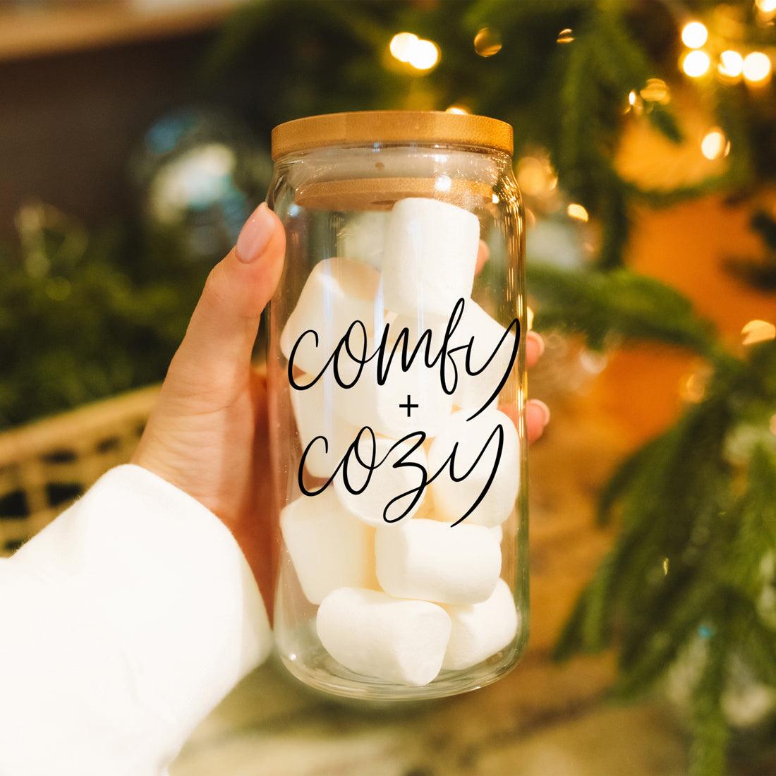 Comfy Cozy 17oz glass jar mug with wooden lid filled with marshmallows Gia Roma on Tampa Home & Garden Store