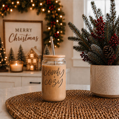 Comfy Cozy 17oz travel mug with straw and wooden lid, beige glass drinkware on placemat on Tampa Home & Garden Store