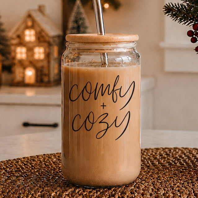 Comfy Cozy 17oz travel mug Gia Roma glass jar drinkware with cork lid latte color on Tampa Home & Garden Store