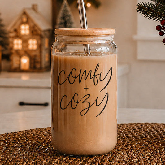 Comfy Cozy 17oz travel mug Gia Roma glass jar drinkware with cork lid latte color on Tampa Home & Garden Store