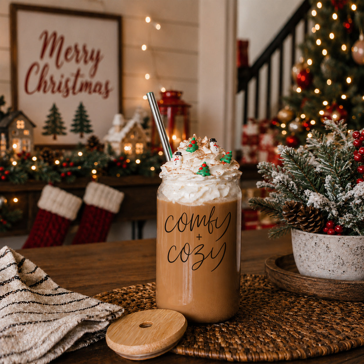 Gia Roma Comfy Cozy 17oz travel mug brown with whipped cream and holiday sprinkles on Tampa Home & Garden Store