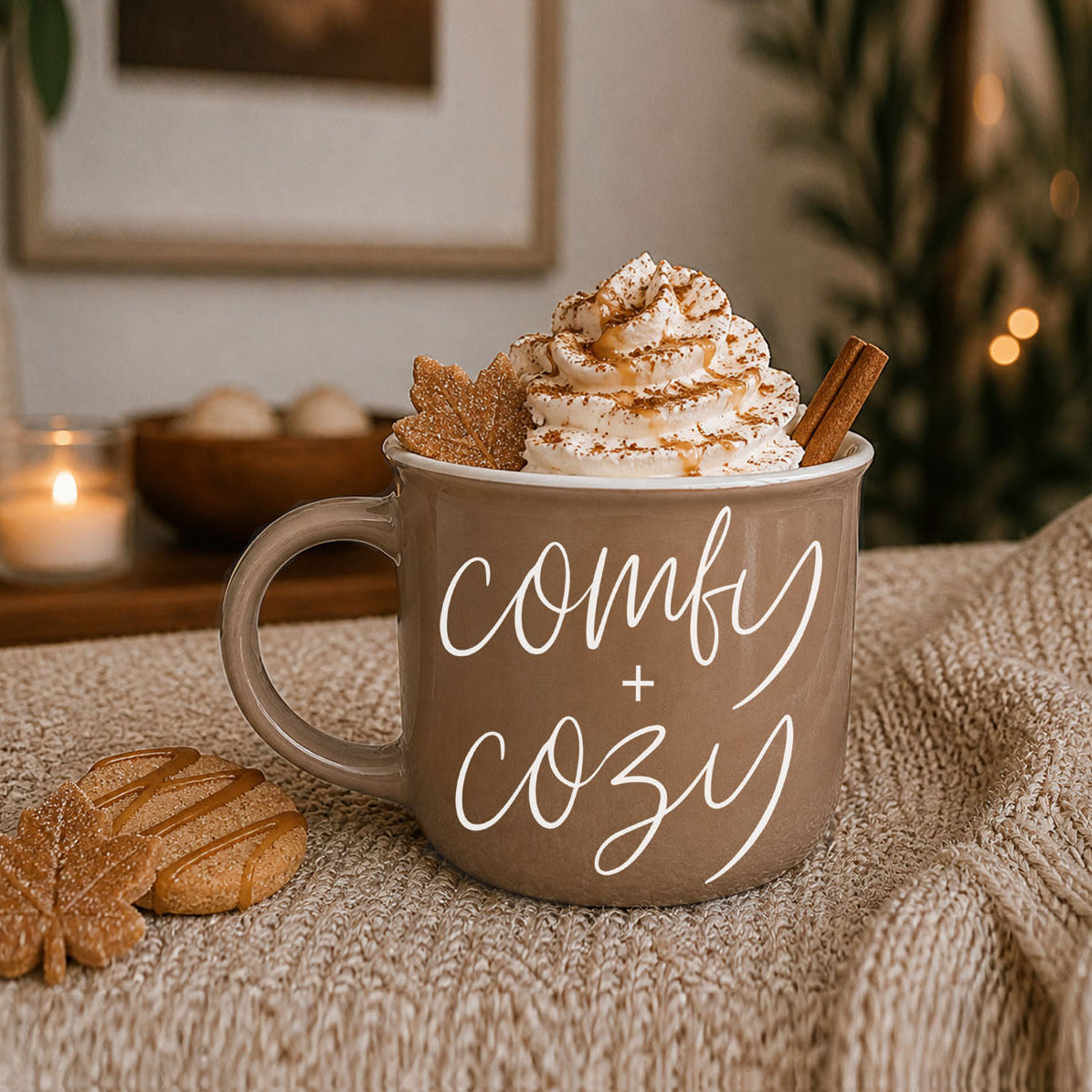 Gia Roma Comfy + Cozy mug in taupe with whipped cream, caramel drizzle and cinnamon sticks on Tampa Home & Garden Store