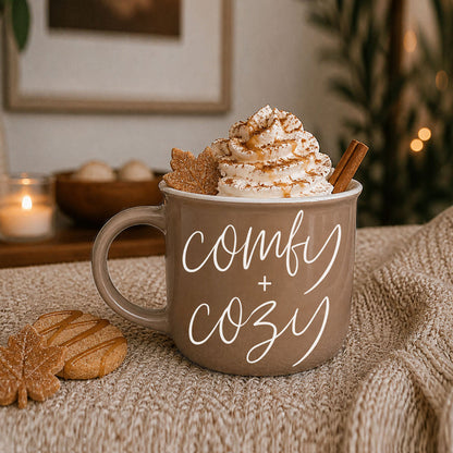 Gia Roma Comfy + Cozy mug in taupe with whipped cream, caramel drizzle and cinnamon sticks on Tampa Home & Garden Store