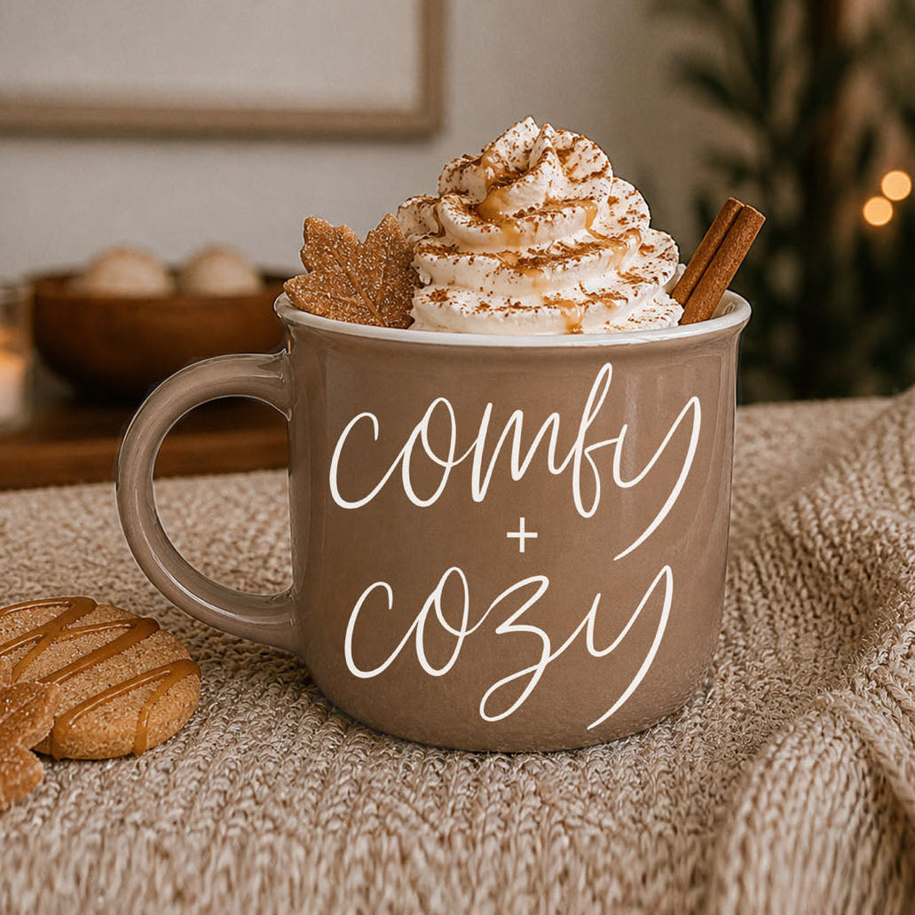 Gia Roma comfy + cozy coffee mug in brown taupe, topped with whipped cream, cinnamon sticks on Tampa Home & Garden Store