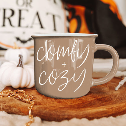Comfy + Cozy coffee mug by Gia Roma in taupe ceramic with white script on Tampa Home & Garden Store