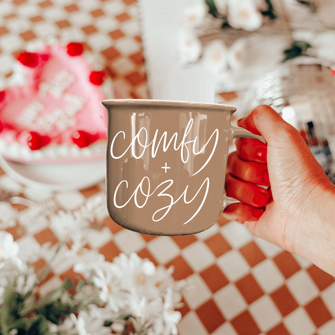Comfy + Cozy taupe ceramic coffee mug with white script text on Tampa Home & Garden Store