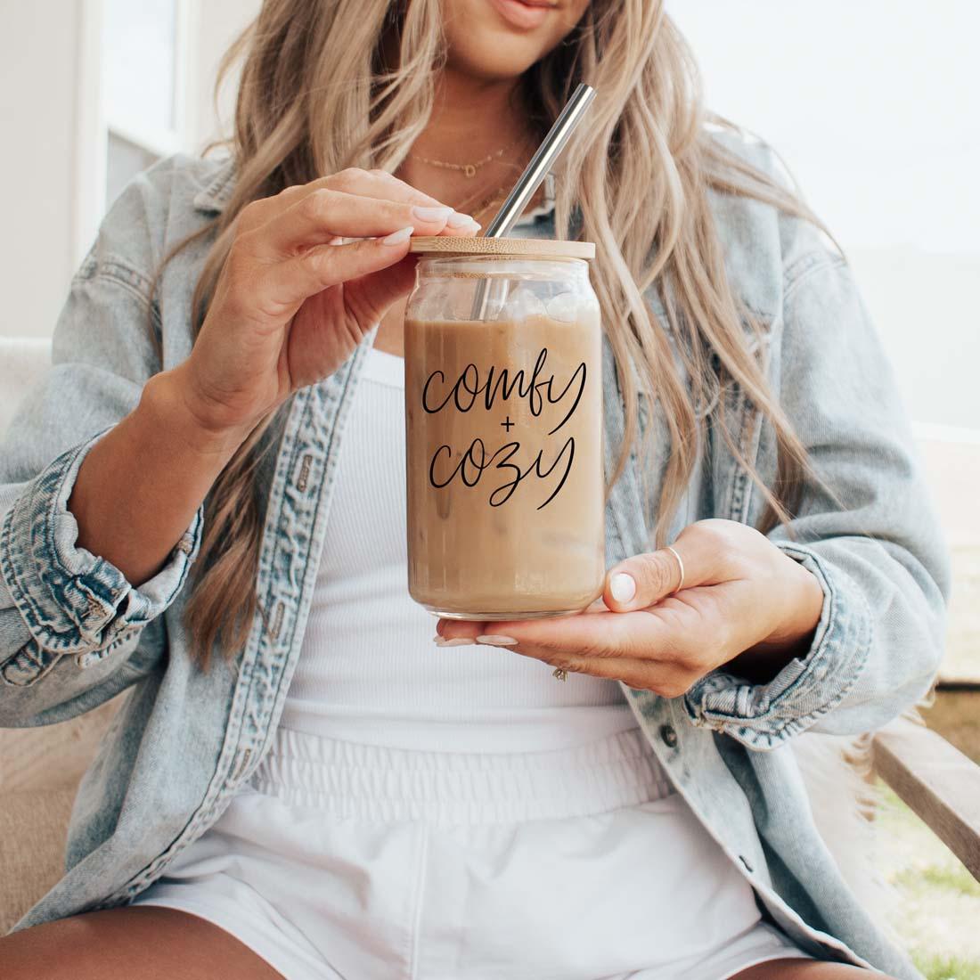 Comfy Cozy 17oz travel mug glass jar with wooden lid and metal straw on Tampa Home & Garden Store