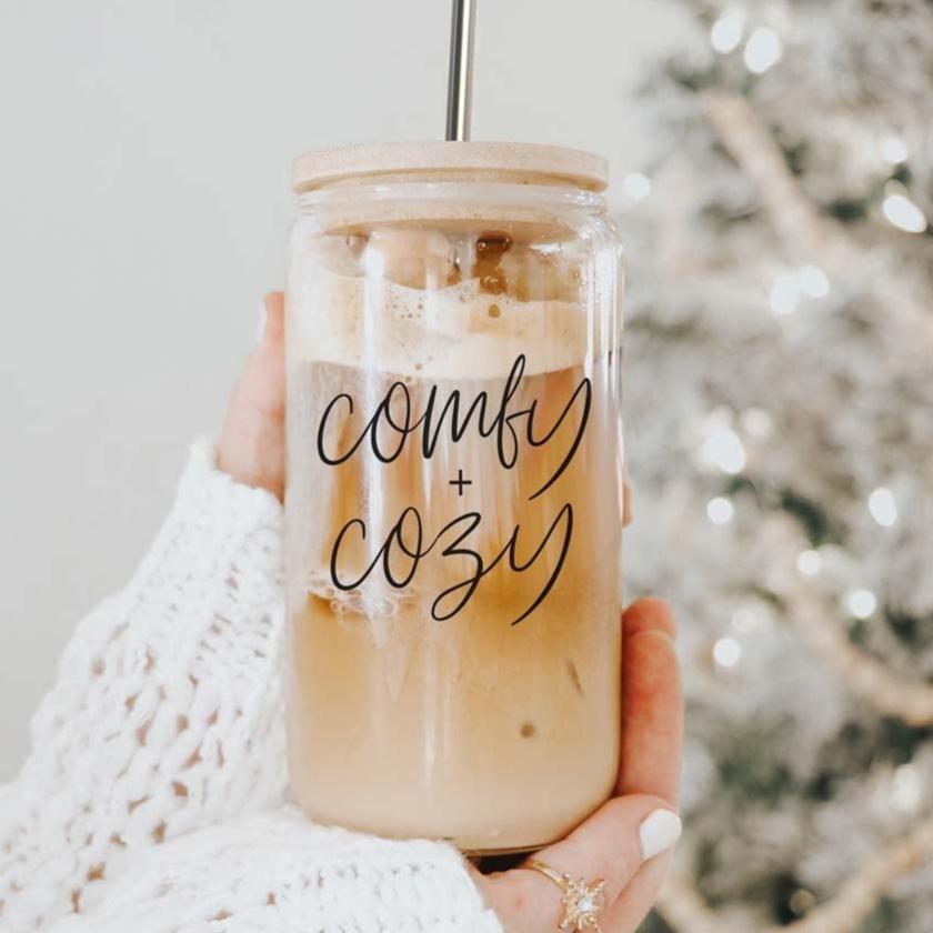 Gia Roma Comfy Cozy 17oz travel mug, glass mason jar with lid and metal straw on Tampa Home & Garden Store