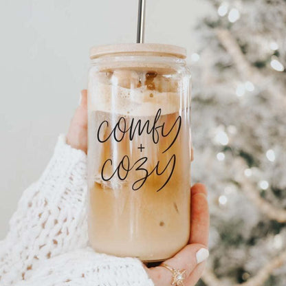 Gia Roma Comfy Cozy 17oz travel mug, glass mason jar with lid and metal straw on Tampa Home & Garden Store