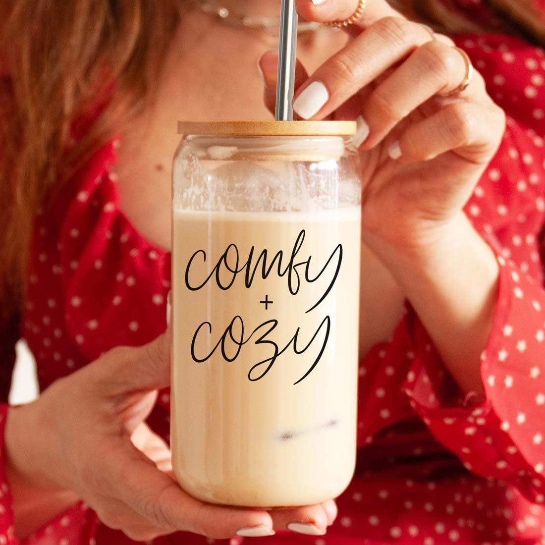 Comfy Cozy 17oz travel mug by Gia Roma, mason jar tumbler with wood lid and metal straw on Tampa Home & Garden Store