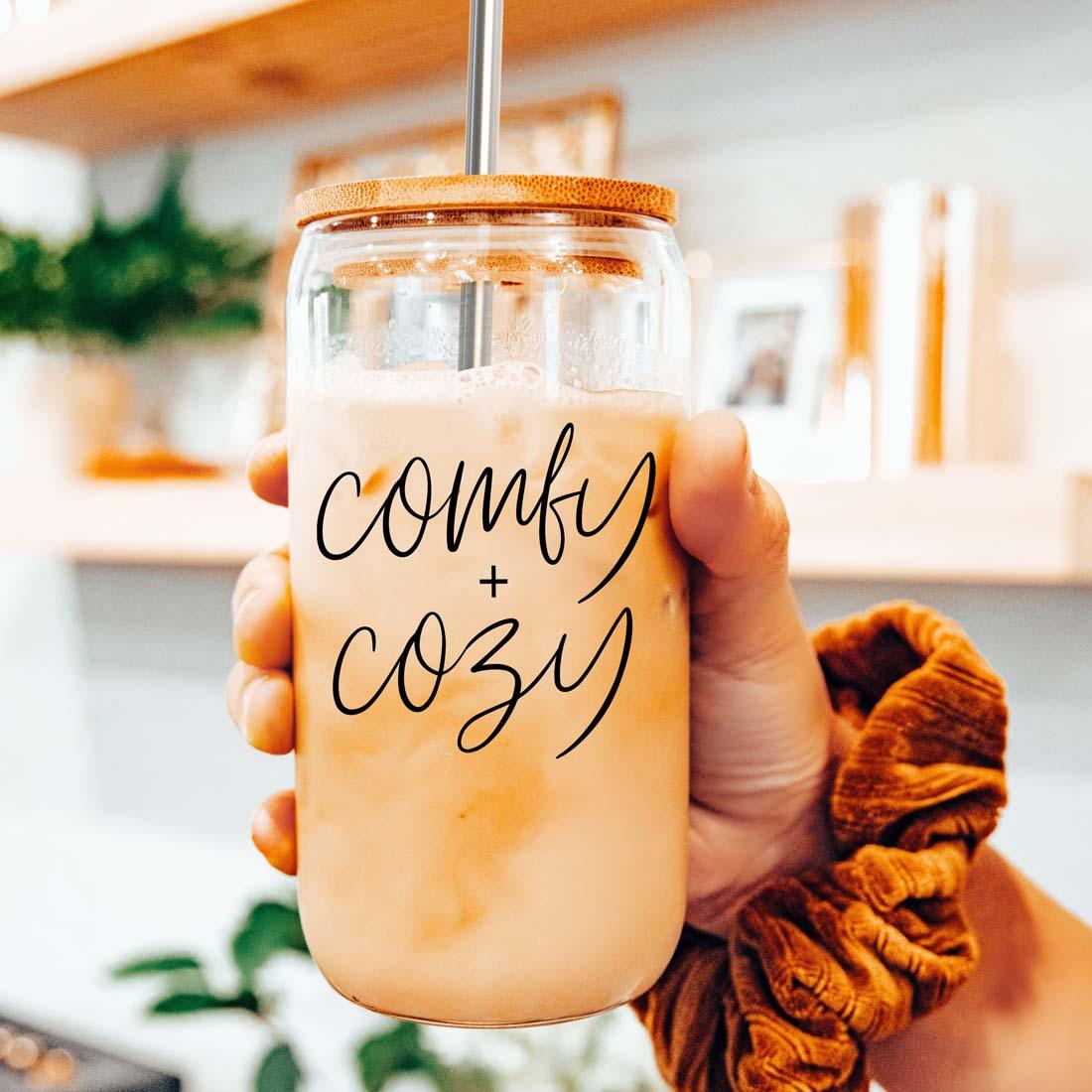 Comfy Cozy 17oz travel mug glass by Gia Roma; cork-lid jar with straw, iced coffee on Tampa Home & Garden Store