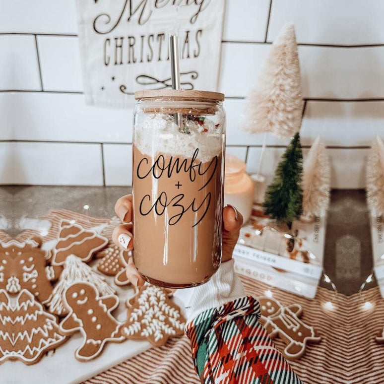 Comfy Cozy 17oz glass mason jar travel mug Gia Roma with straw beige drinkware on Tampa Home & Garden Store