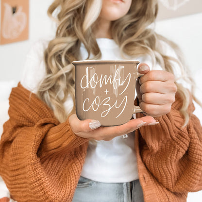 Comfy + Cozy coffee mug by Gia Roma in taupe ceramic with white script on Tampa Home & Garden Store