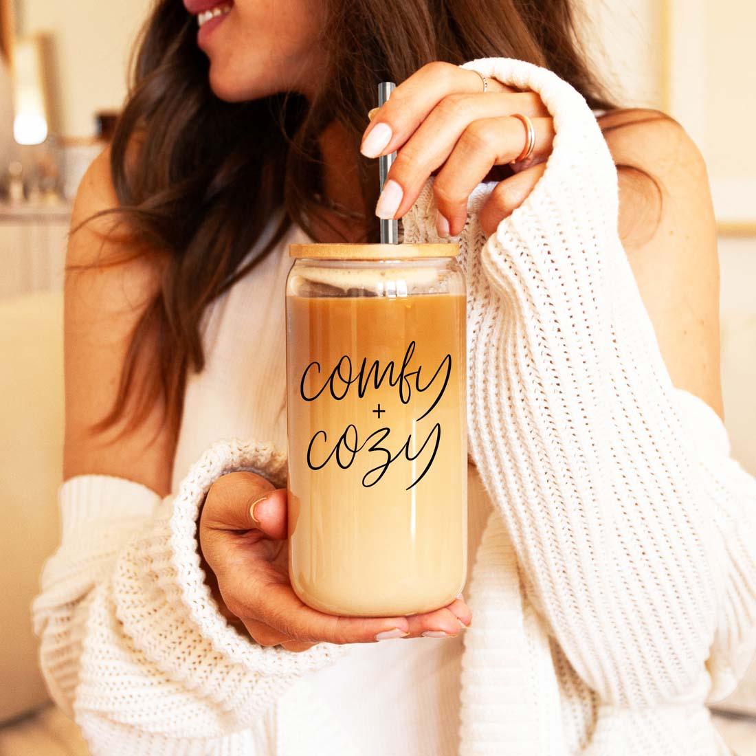 Comfy Cozy 17oz travel mug in beige gradient glass with bamboo lid by Gia Roma on Tampa Home & Garden Store