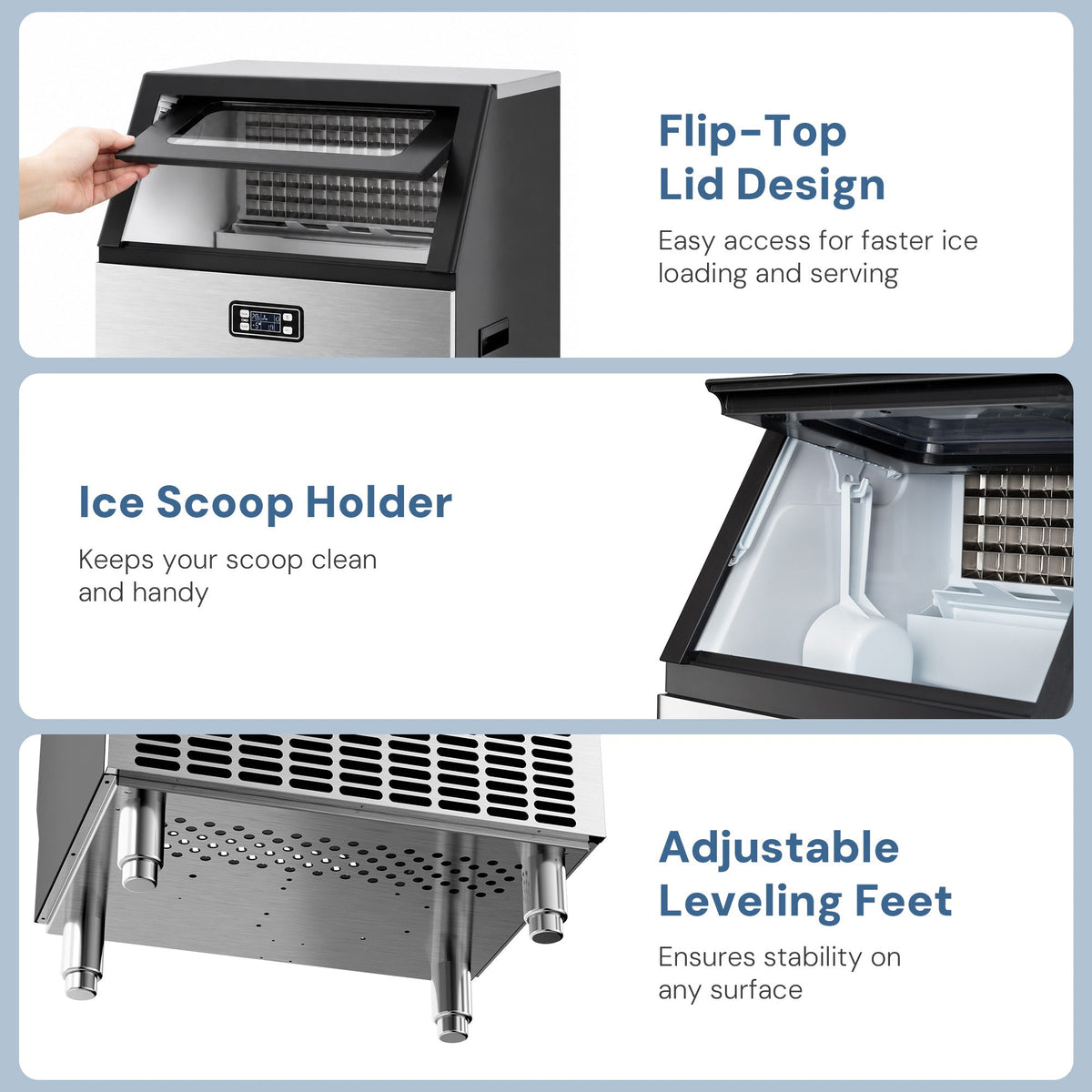 Ice Maker Kismile 265 Lbs Freestanding Commercial with flip-top lid open and ice grid on Tampa Home & Garden Store
