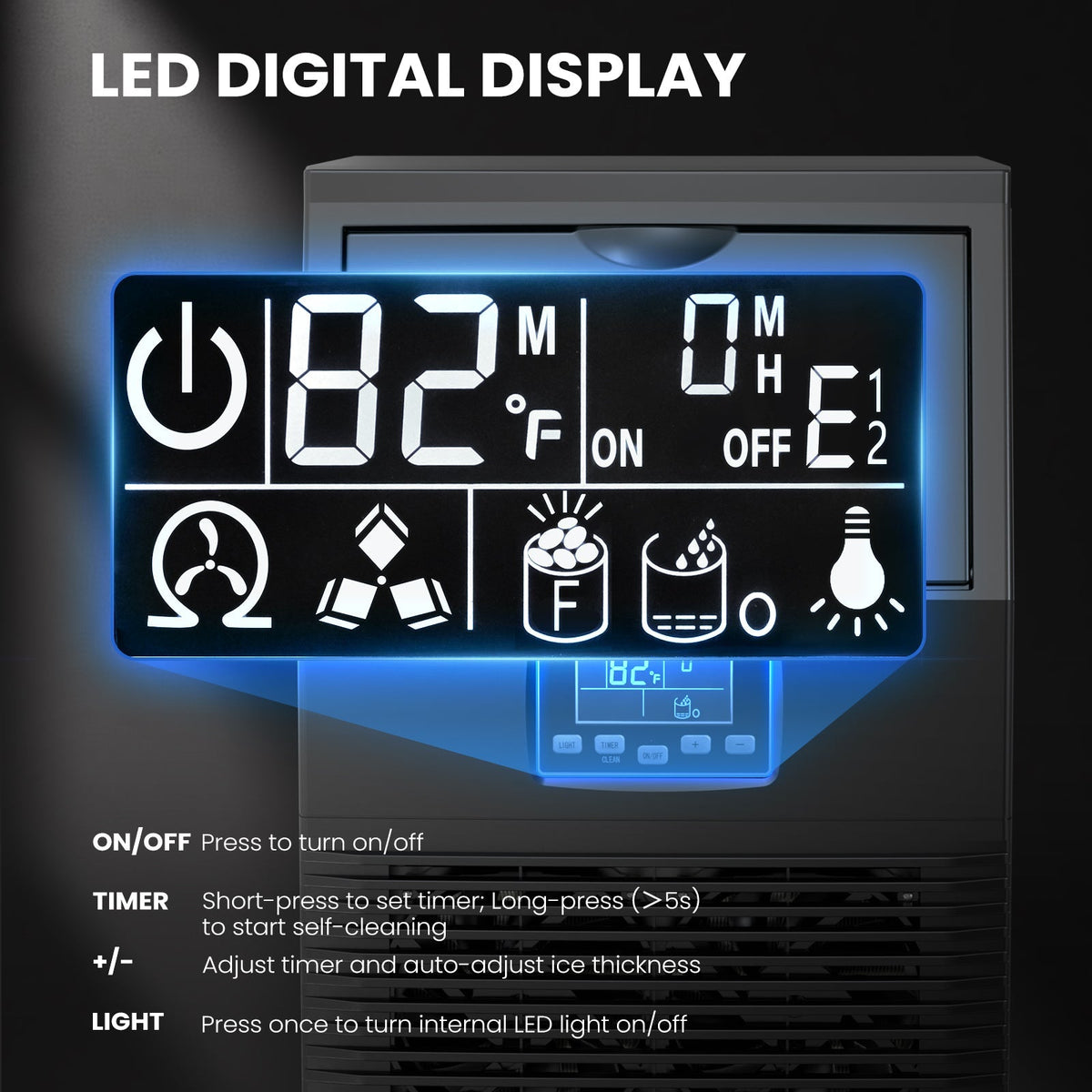Ice maker LED display panel on a black unit close-up with 82°F readout and operation icons on Tampa Home & Garden Store