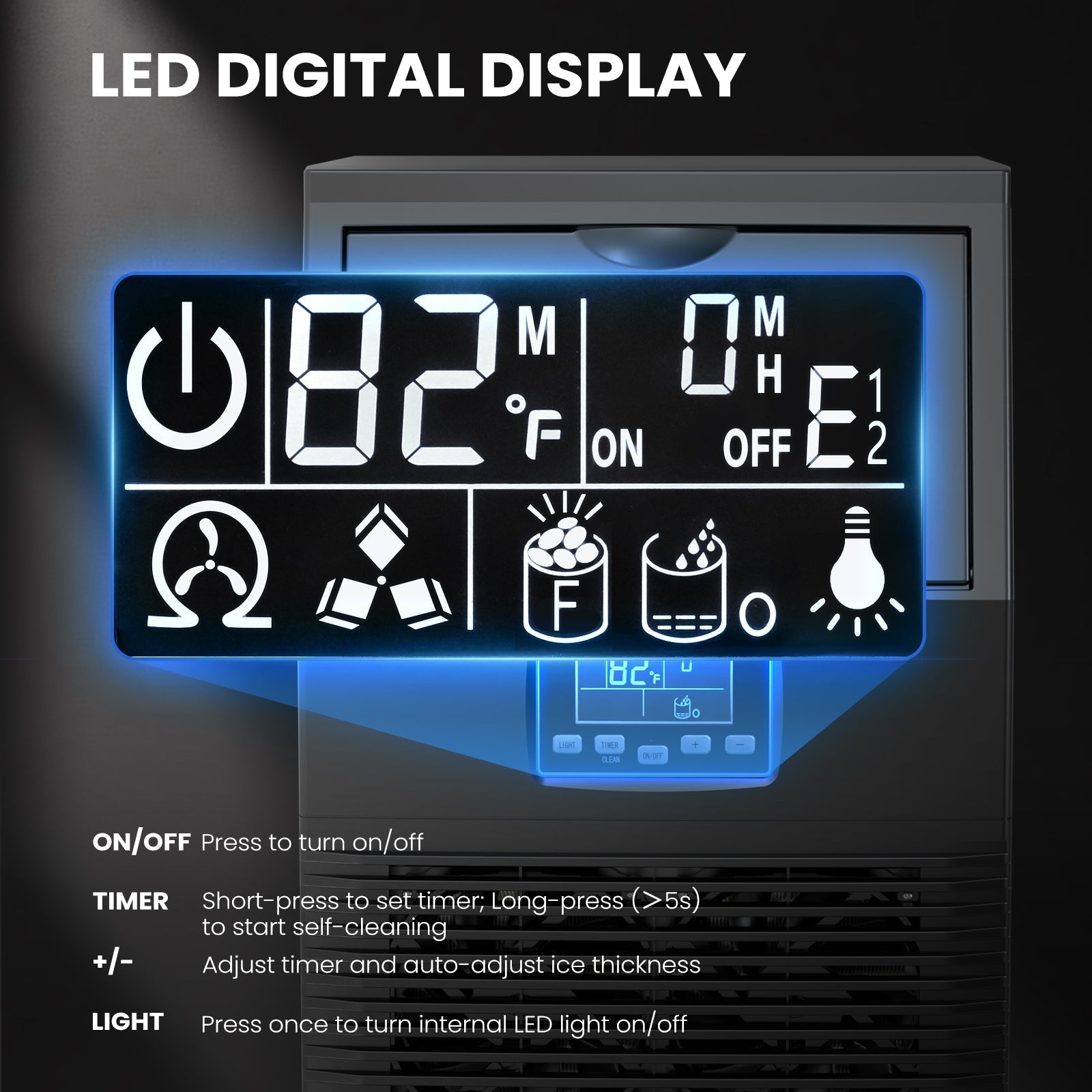 Ice maker LED display panel on a black unit close-up with 82°F readout and operation icons on Tampa Home & Garden Store