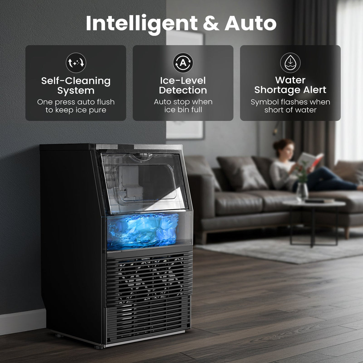 Kismile commercial ice maker, black floor-standing unit with transparent ice bin, 80 lbs/day on Tampa Home & Garden Store