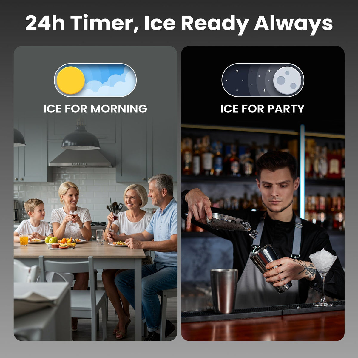 Commercial Ice Maker 80 Lbs/day by Kismile, banner with morning/party ice icons and scenes on Tampa Home & Garden Store