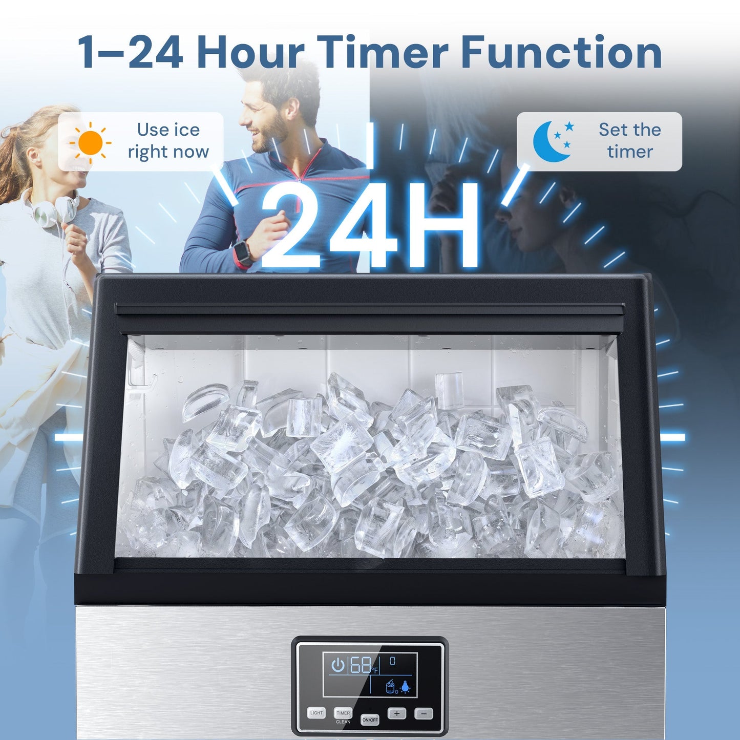 Commercial ice maker Moon Ice by Kismile, 100 Lbs/24h stainless steel, clear ice cubes in bin on Tampa Home & Garden Store