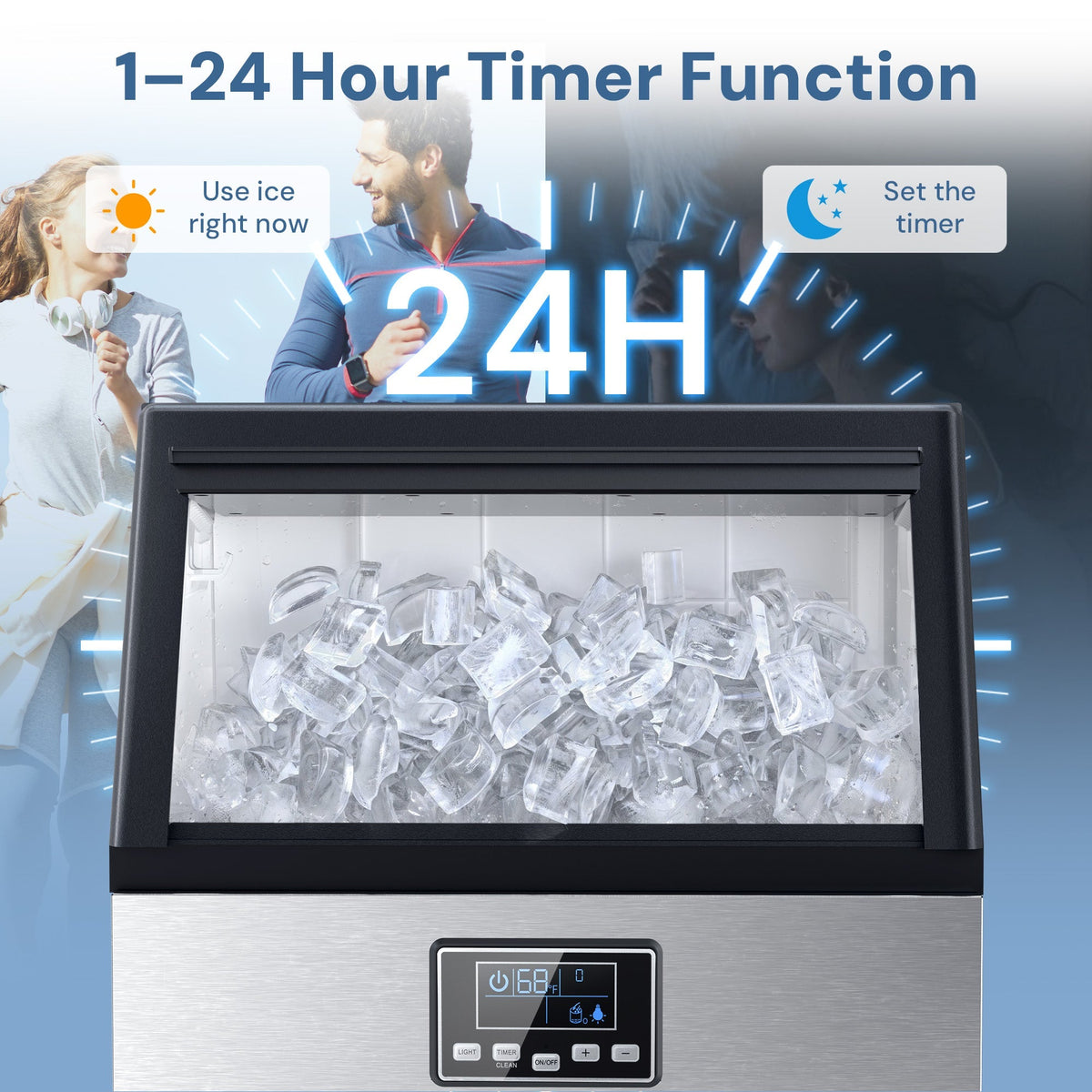 Commercial ice maker Moon Ice by Kismile, 100 Lbs/24h stainless steel, clear ice cubes in bin on Tampa Home & Garden Store