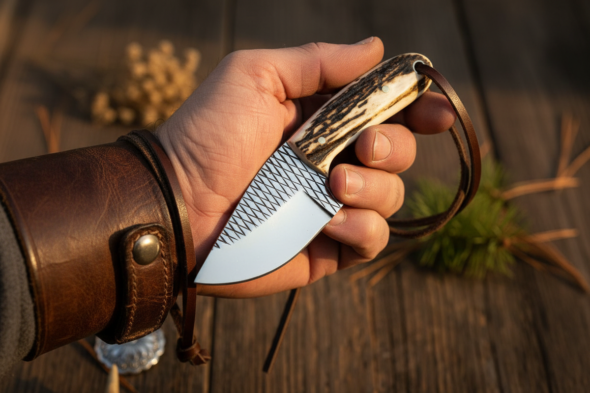 Cowboy belt knife from Frontier Cowboy Gear with antler handle, 5.2in rasp blade, leather sheath on Tampa Home & Garden Store