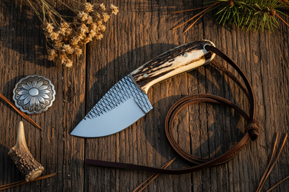 Cowboy Belt Knife Frontier Cowboy Gear with antler horn handle rasp steel blade leather sheath on Tampa Home & Garden Store