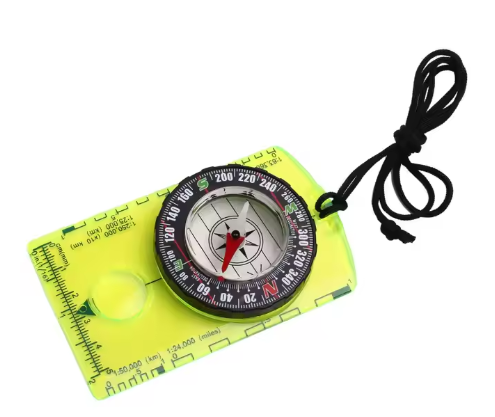 Backpacking compass on neon yellow baseplate with ruler scales and black lanyard on Tampa Home & Garden Store