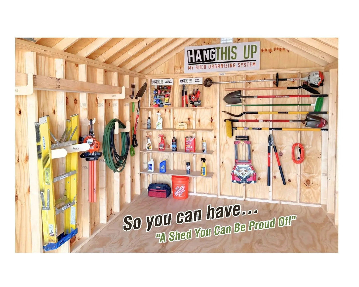 Ultimate Shed Organization Kit tool rack by HangThis Up My Shed Organizing System with hooks on Tampa Home & Garden Store