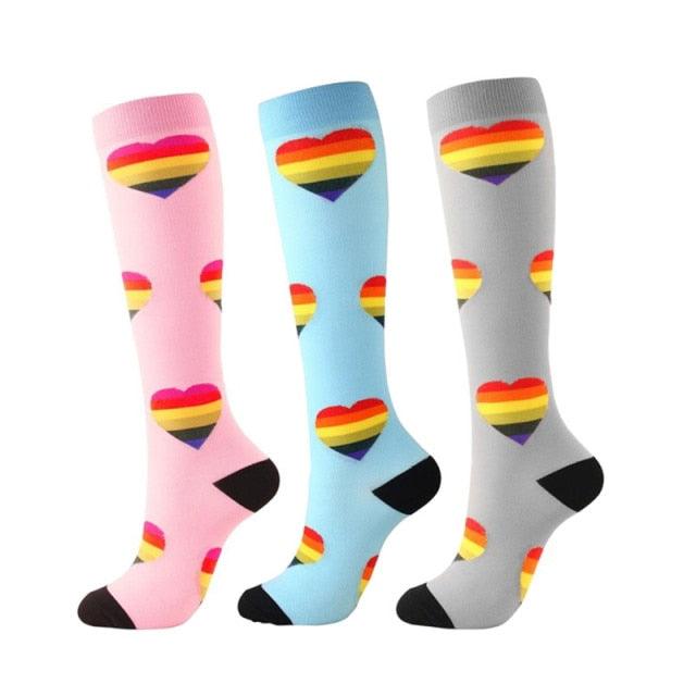Stevvex athletic compression knee-high socks rainbow heart pattern in pink blue gray 3 pairs on Tampa Home & Garden Store