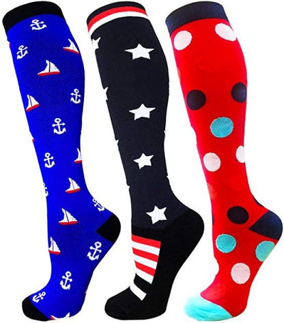 Stevvex athletic compression socks trio: blue anchors, black stars, red polka-dot knee-highs on Tampa Home & Garden Store