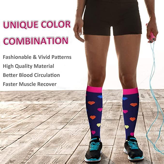 Stevvex athletic compression socks with heart print, navy with pink cuff knee-high running on Tampa Home & Garden Store