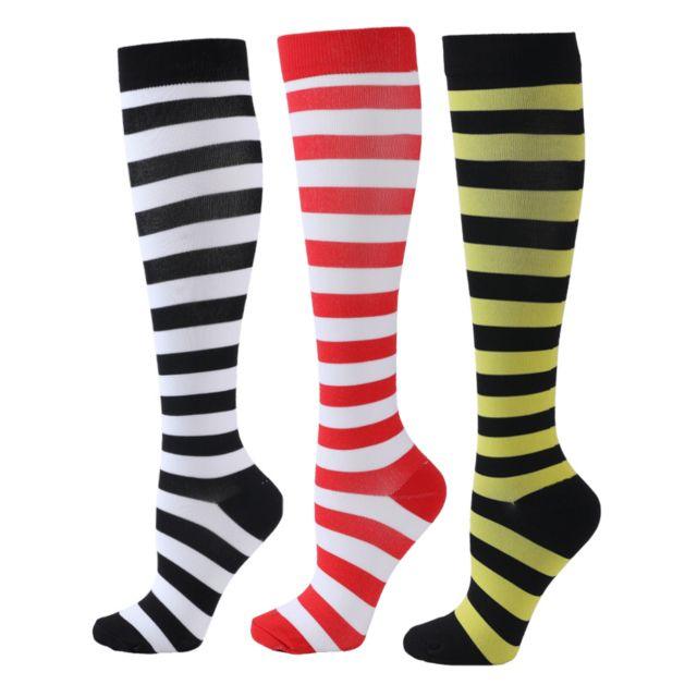 Stevvex compression socks knee-high striped 3-pair set in black/white, red/white, yellow/black on Tampa Home & Garden Store