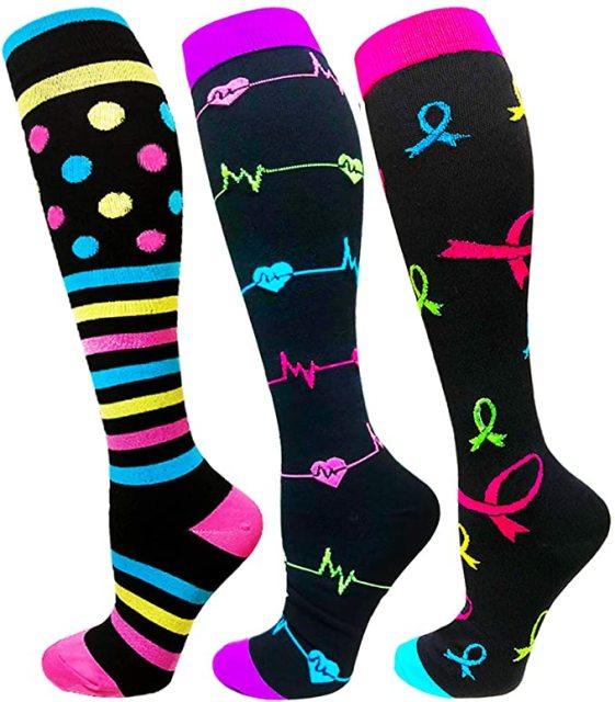 Athletic compression socks 3-pack Stevvex with neon striped, heartbeat, and ribbon patterns on Tampa Home & Garden Store
