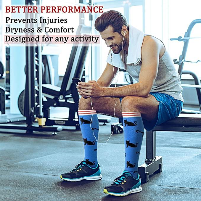 Compression Socks Athletic blue knee-high with black cat pattern worn by man in gym Stevvex on Tampa Home & Garden Store