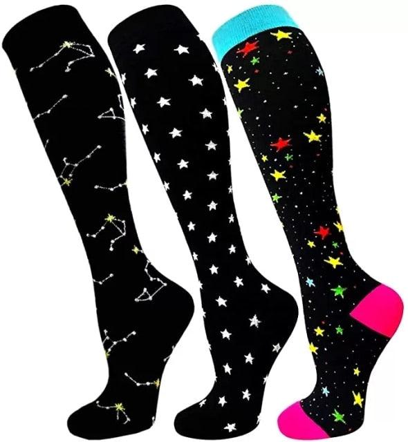 Stevvex compression athletic socks set, 3 black knee-highs with constellation patterns on Tampa Home & Garden Store
