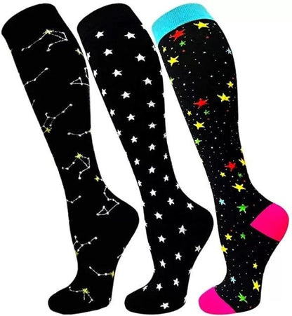Stevvex compression athletic socks set, 3 black knee-highs with constellation patterns on Tampa Home & Garden Store